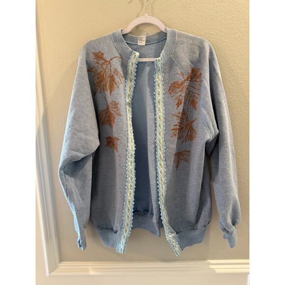 Vintage Fall Leaves Tultex Lt Blue Sweatshirt Hand Sewn Cardigan With Trim Sz 1X - Picture 1 of 5